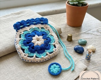 Flower Crochet Pouch Pattern, Granny Square Drawstring Bag PDF, Instant Download Tutorial