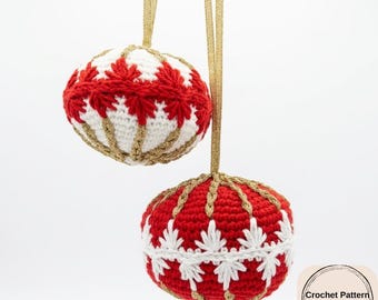 Patrón PDF de adornos navideños de ganchillo, tutorial de bola roja y blanca, descarga digital para decoración de árbol de Navidad