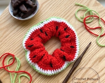 Patrón de coletero de sandía a crochet, goma elástica para el cabello con diseño frutal (PDF)