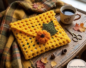 Patrón de funda para libro a crochet, bolsa cuadrada de la abuela en PDF, decoración de calabaza DIY