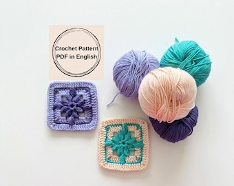 Patrón de ganchillo cuadrado con forma de hoja y estrella estilo abuela: motivo floral moderno (descarga digital en PDF)