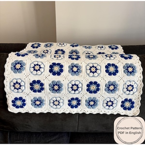 Handgemaakte blauw-witte gehaakte oma vierkante deken: katoenmix Afghaans (pdf-patroon)