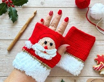 Patrón de guantes sin dedos de Papá Noel a crochet, calentadores de manos navideños en PDF