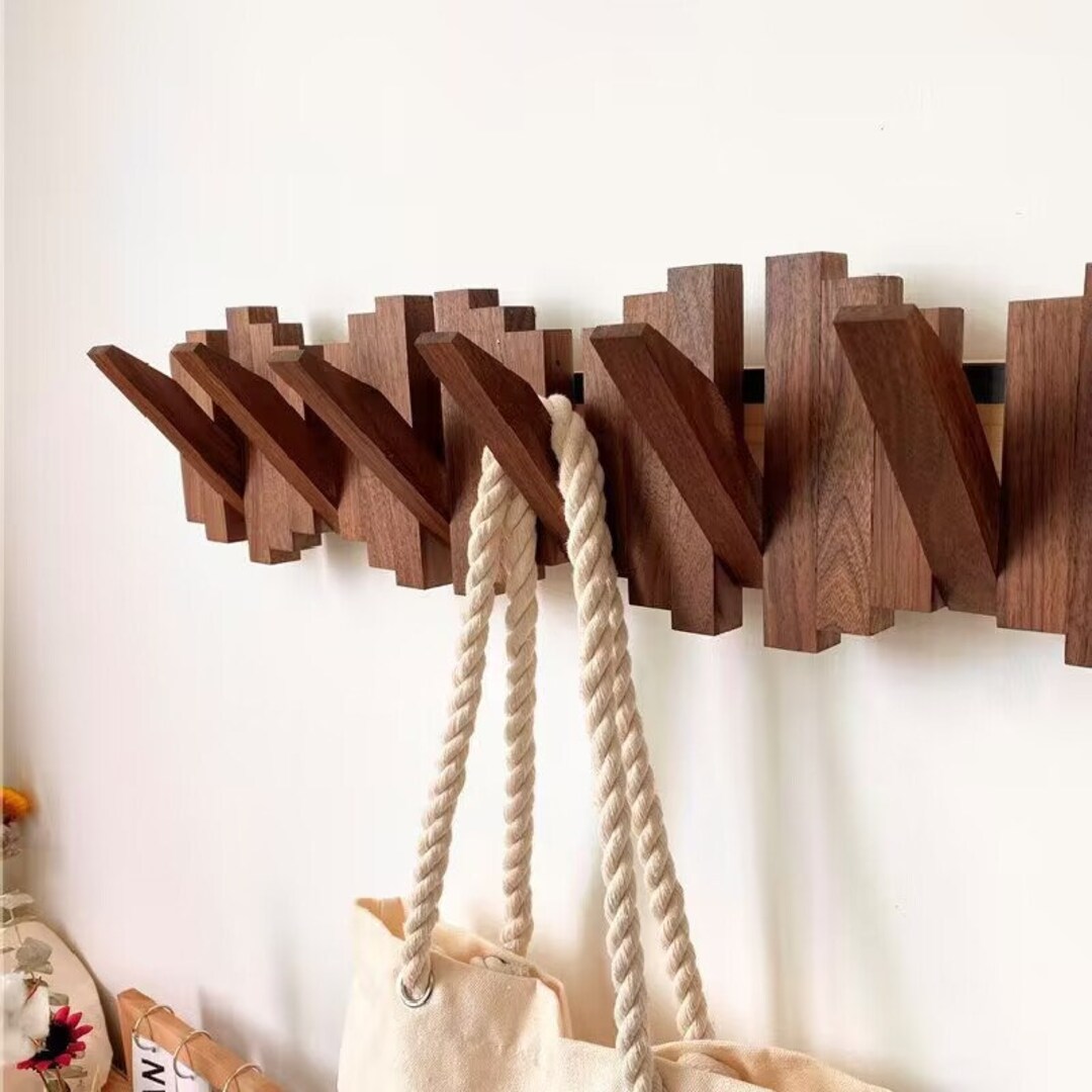 Rustic Wall Coat Rack Wooden Mount With Folding Hook Walnut Etsy