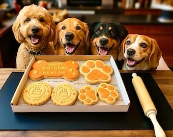 May include: Four dogs of varying breeds are smiling at the camera. A box of dog biscuits is in front of them. The biscuits are bone-shaped, paw-shaped, and round, with the words "Happy Birthday Dexter" on one.