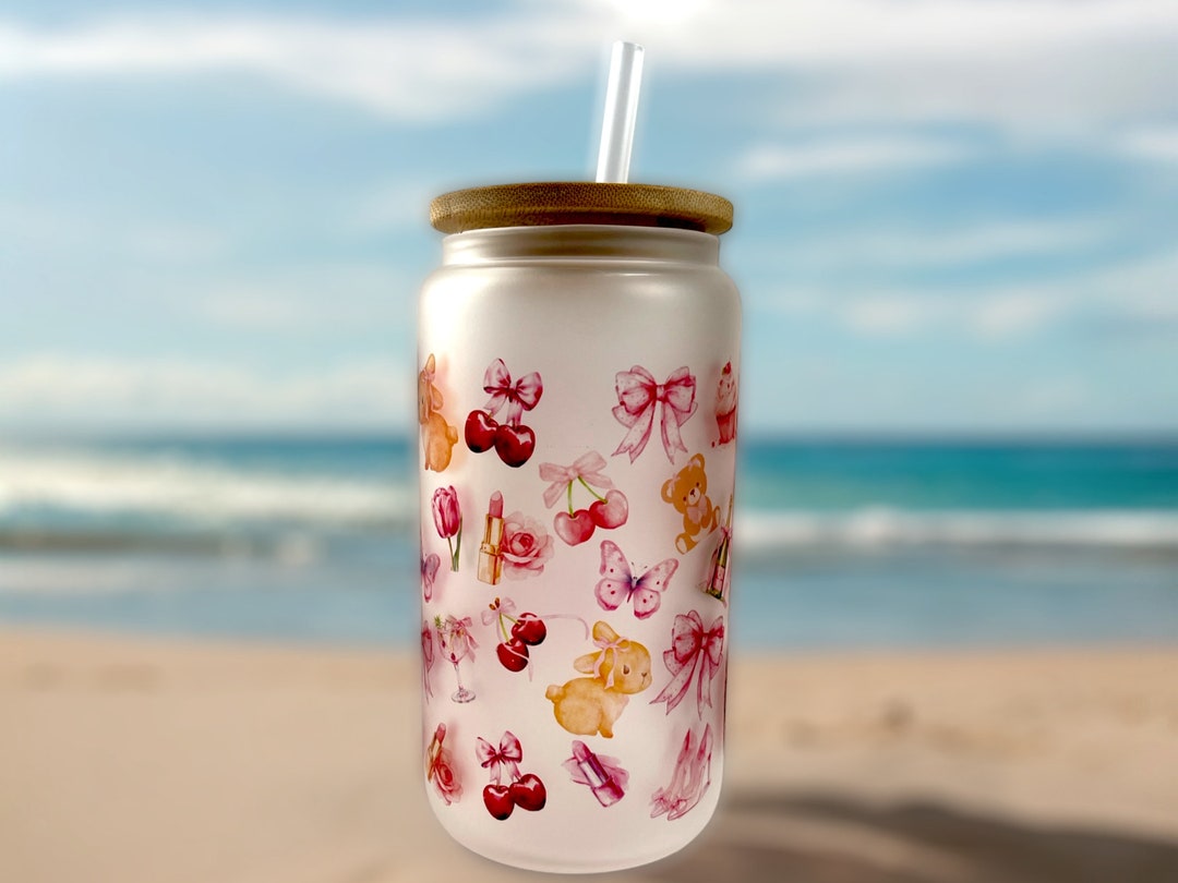 Personalized Coquette Glass Tumbler With Lid and Straw-pink Bows ...