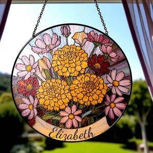 Personalized October Birth Flower Suncatcher, Faux Stained Glass Marigold & Cosmos, Custom Floral Name Window Hanging Gift