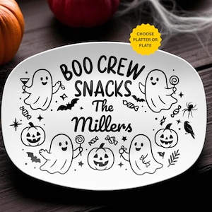 Boo Crew Halloween Platter or Plate, Custom Family Name Serving Tray, Ghost & Pumpkin Spooky Season Party Dish, Personalized Gift