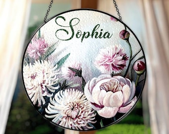 November Birth Month Flower Suncatcher With Chrysanthemum And Peony, Personalized Faux Stained Glass, Custom Floral Window Hanging Gift