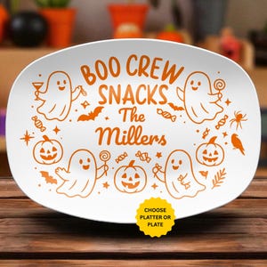 Boo Crew Halloween Platter or Plate, Custom Family Name Serving Tray, Ghost & Pumpkin Spooky Season Party Dish, Personalized Gift