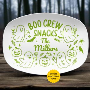 Boo Crew Halloween Platter or Plate, Custom Family Name Serving Tray, Ghost & Pumpkin Spooky Season Party Dish, Personalized Gift