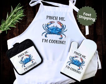 Funny Blue Crab Apron & Kitchen Gift Set “Pinch Me I’m Cooking” Coastal Nautical Kitchen Decoration, Pot Holder, Oven Mitt Tea Towel Bundle