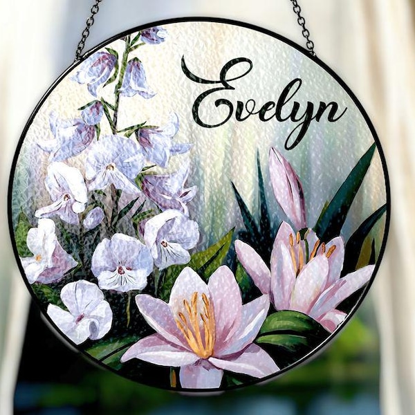 July Birth Month Flower Suncatcher With Larkspur And Water Lily, Personalized Faux Stained Glass, Custom Floral Window Hanging Gift