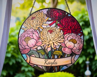 Personalized November Birth Flower Suncatcher, Faux Stained Glass Chrysanthemum & Peony, Custom Floral Name Window Hanging Gift