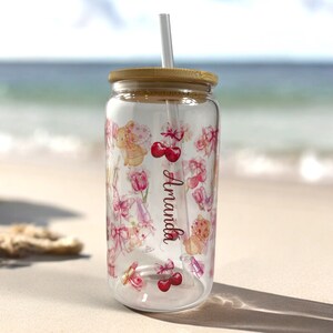 Personalized Coquette Glass Tumbler With Lid and Straw-pink Bows ...