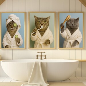 Arte de pared 3 en 1 para el día del spa de gatos: 3 impresiones para el baño, divertido set de aseo para gatos, decoración de descarga digital, regalo original para amantes de las mascotas.