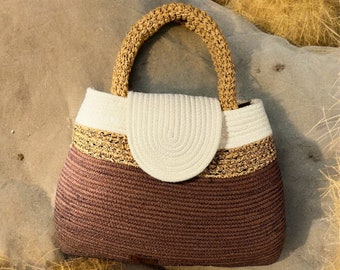 Handmade Cotton Cord Handbag with Wicker Detail in Brown