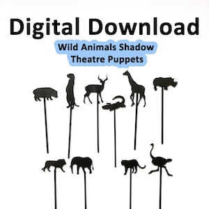 Modello vettoriale di burattini di animali selvatici, set di teatro delle ombre stampabile, file laser pronto per il taglio, PDF su carta e legno, attività prescolari SVG