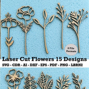 Design de flores cortadas a laser, modelo svg, buquê de madeira pronto para cortar, contorno de flores dxf, vetor de download digital, ai png eps pdf