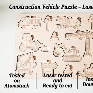 Baustellenfahrzeug Puzzle SVG DXF Laserschnittdatei | Digitaler Download für CNC Glowforge XTool | Geschichtetes 3D Holz Puzzle Design in Lightburn