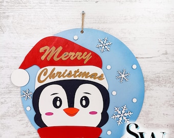 Merry Christmas Pinguin Door Hanger Laser File, Snowflake Wood Round Wall Sign, Digital Instant Download SVG, DXf, Winter Welcome Decor