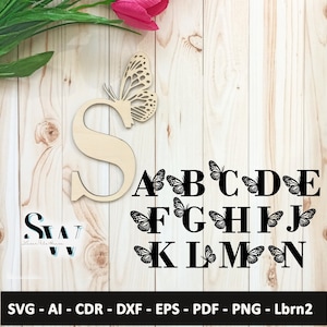Letras de monograma con mariposa, archivo SVG para corte láser, decoración de pared con letras de madera, PNG A-Z para decoración de bodas, plantilla AI lista para usar