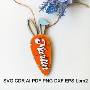 SVG Osterkarotten-Datei, personalisierter Namensanhänger CDR, Laser Cut Design für Korbanhänger, 2024 Geschenk Trend Vorlage, benutzerdefinierte Hasenohren-Dekor DXF