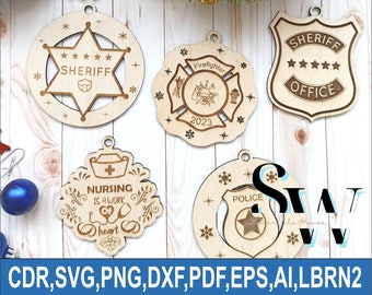 Adornos navideños digitales - Regalo navideño único para sheriff, enfermero, policía y bombero SVG, adorno festivo cortado con láser
