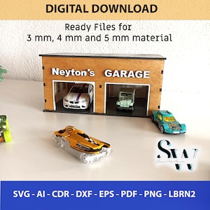 Digitaal bestand speelgoedauto's garage voor snijden, jongens spelen set lasergesneden SVG-bestand, garage voor kleine speelgoedauto's, sjabloon parkeren huis, diorama afdrukken