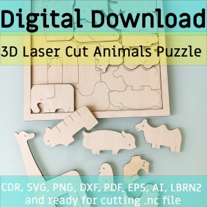 3D Tier Puzzle Laser geschnitten Datei - Glowforge Datei, Puzzles für Kinder SVG, digitale Datei für Kinder zum Spielen, CDR Vektor Vorlage, bereit zum Schneiden