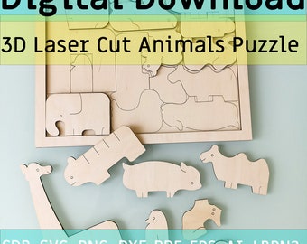3D Animal Puzzle Laser Cut File - Glowforge File, Puzzles for Kids SVG, Digital File for Children to Play, CDR Vector Template, Ready to Cut