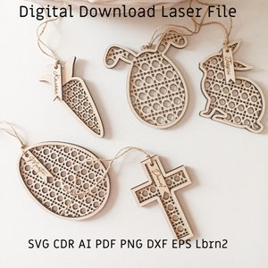 Laser Cut Korb Namensschilder, SVG Rattanmuster Hase, Karotte Vektordatei, Osterei Ornament CDR, Bundle Design-Ideen für Kinderkorb Dekor