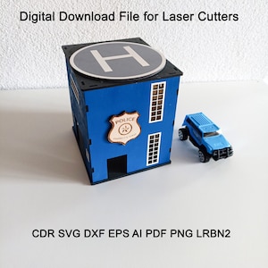 Edificio del dipartimento di polizia tagliato al laser - Modello in scala 1:64, auto giocattolo, garage per auto in legno, file digitale - Download immediato, miniatura della casa delle bambole SVG