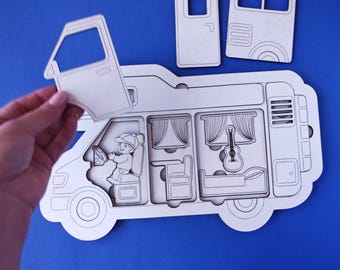 Puzzle Laser Engrave and Cut Designs - Camper Van 3 Layers - Wooden Children Game - Vector Template - DXF, SVG - Montessori Learning Kids