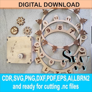 Reloj de pared con engranajes cortados a láser, archivo digital, 3 estilos diferentes: invierno, Pascua, números lisos, archivo vectorial CDR, Glowforge SVG, reloj de madera AI