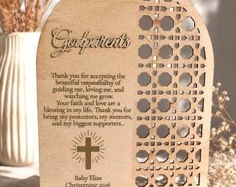 Godparents Gift SVG | Baptism Plaque Laser Cut File | Christening Gift Sign | Godmother Godfather Gift, Arch Rattan Signage DXF Vector File