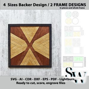 Geometriskt bakstycke och ram SVG-paket, laserskärning i flera storlekar, poäng, gravyrmallar, väggkonstbaspaneler för laserskärare, abstrakt design