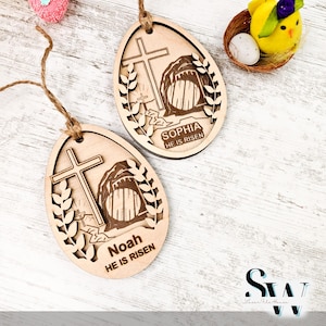 Download digital Etiqueta de nome de cruz e túmulo | Arquivo de corte a laser de Páscoa personalizado | SVG, DXF, AI, LightBurn | Etiqueta de nome cristão | Cena de ressurreição