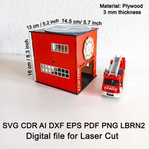 Modello di edificio del dipartimento dei vigili del fuoco tagliato al laser - Piccolo garage per auto giocattolo File digitale - Set da gioco per ragazzi SVG, miniatura per casa delle bambole 3D DXF, Eps, Png, AI