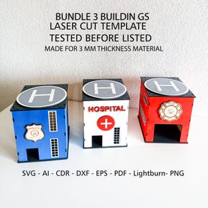 Bundel garagegebouwen - lasergesneden afdrukbestand - politie, brandweer, ziekenhuis - minimodellen SVG, kleine auto's digitale CNC-projecten