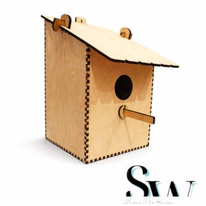 Puede incluir: Una casa para pájaros de madera clara con techo inclinado, un orificio de entrada circular y una pequeña percha. La estructura presenta juntas de dedos visibles en los bordes. Texto: DIGITAL DOWNLOAD Ready Files for 3 mm material, SVG - AI - CDR - DXF - EPS - PDF - LBRN2.