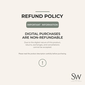 May include: A digital refund policy graphic on a light beige background. It states: REFUND POLICY, IMPORTANT INFORMATION, DIGITAL PURCHASES ARE NON-REFUNDABLE. Due to the digital nature of this product, returns, exchanges, and cancellations cannot be accepted. Please read the product description carefully before purchasing. Includes an exclamation mark icon and the SW Laser File House logo.