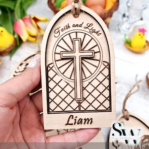 Laser Cut File Church Window with Cross – Easter Basket Name Tag SVG – Personalized DXF Christian Engraving - Religious Gift Easter Decor