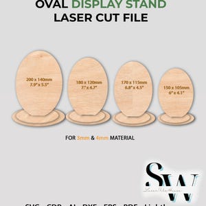 Puede incluir: Archivo digital para un expositor ovalado, cortado con láser. Incluye cuatro tamaños: 200 x 140mm, 180 x 120mm, 170 x 115mm y 150 x 105mm. Diseñado para materiales de 3mm y 4mm. El texto dice "OVAL DISPLAY STAND LASER CUT FILE".
