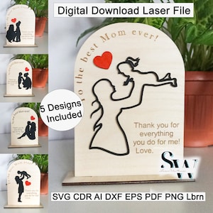 Plantilla vectorial cortada con láser para el Día de la Madre, patrón de grabado del 8 de marzo, SVG para el Día de la Mujer, silueta de mamá e hijo en formato CDR, archivo AI de letrero de estante de agradecimiento