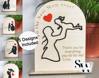 Mother's Day Laser Cut Vector Template, 8 March Engraving Pattern, SVG Women's Day, Mom and Kid Silhouette CDR, Thank You Shelf Sign AI File