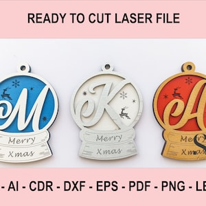 Globo de neve SVG, enfeite de Natal personalizado, monograma de letras cortadas a laser, decoração de árvore de Natal pronta para usar, presente de família perfeito AI, dxf
