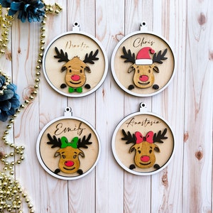 Ornamenti di renne tagliati al laser, decorazioni personalizzate per l'albero di Natale, nomi incisi su file SVG di palline, modello DXF di cervi maschi e femmine, AI png