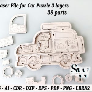 Puzzle di auto a 3 strati in formato SVG, file digitale di giocattoli per bambini tagliati al laser, modello di puzzle Montessori per Glowforge, vettore DXF per l'apprendimento dei bambini