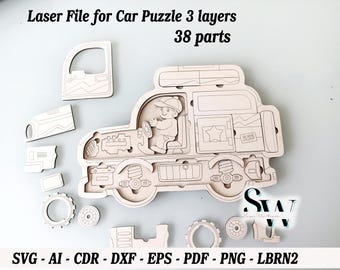 3-lagiges Auto-Puzzle (SVG-Datei), digitale Datei für lasergeschnittenes Spielzeug für Kinder, Montessori-Puzzle-Vorlage für Glowforge, DXF-Vektor für Kinderlernmaterialien
